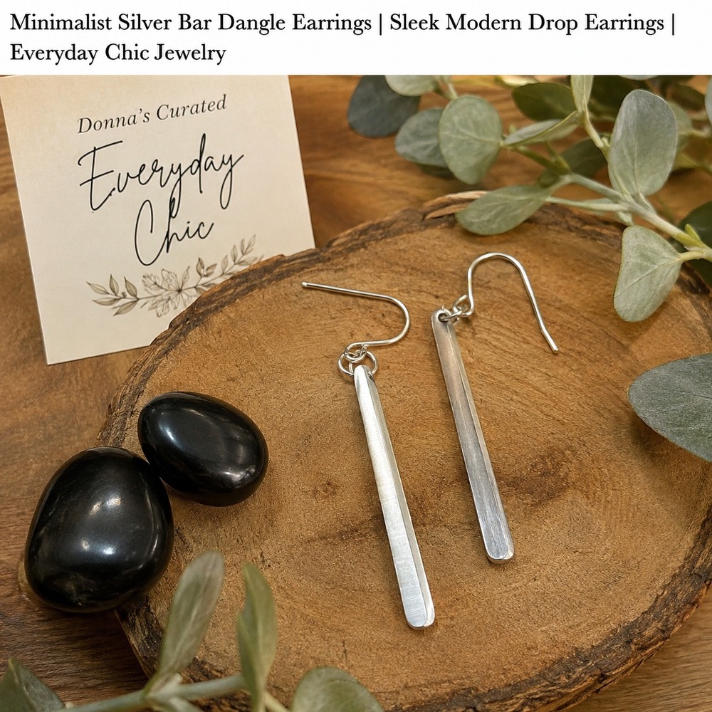 Minimalist‎ Silver Bar Dangle Earrings Modern Drop Hook Everyday Jewelry